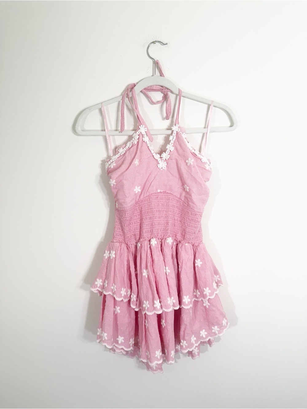 LoveShackFancy Aqua Halter Mini Dress Candy Pink Floral Embroidered XS - Picture 4 of 7